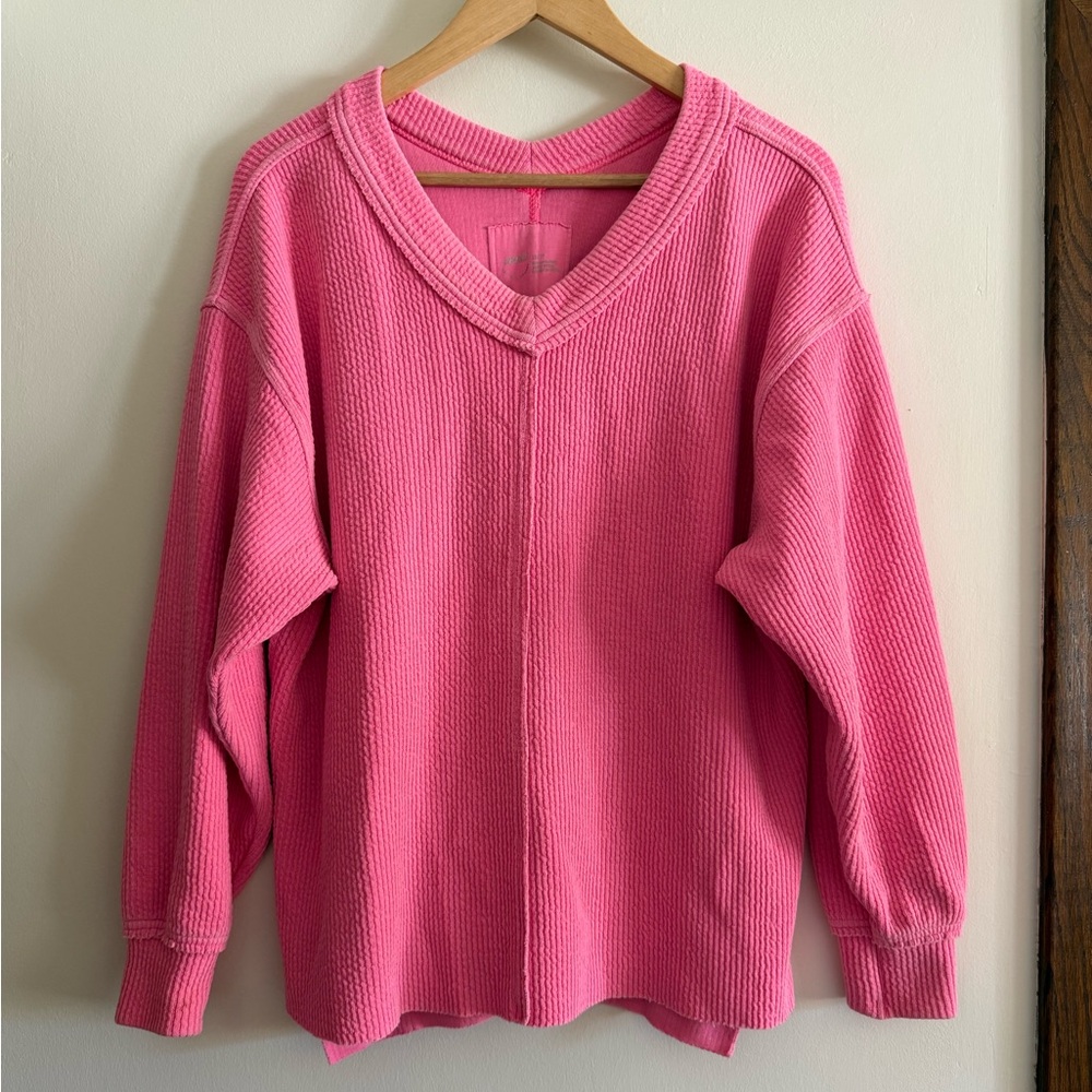 Aerie Wonder Textured VNeck Sweatshirt Bright Pink Loungewear Oversized Pullover